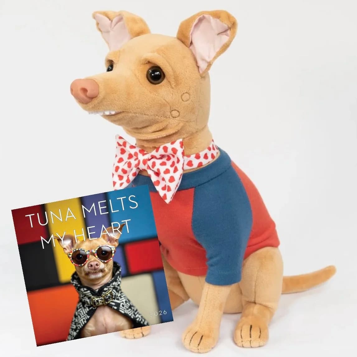 Tuna plush and the 2026 Tuna calendar side by side in one studio shot.